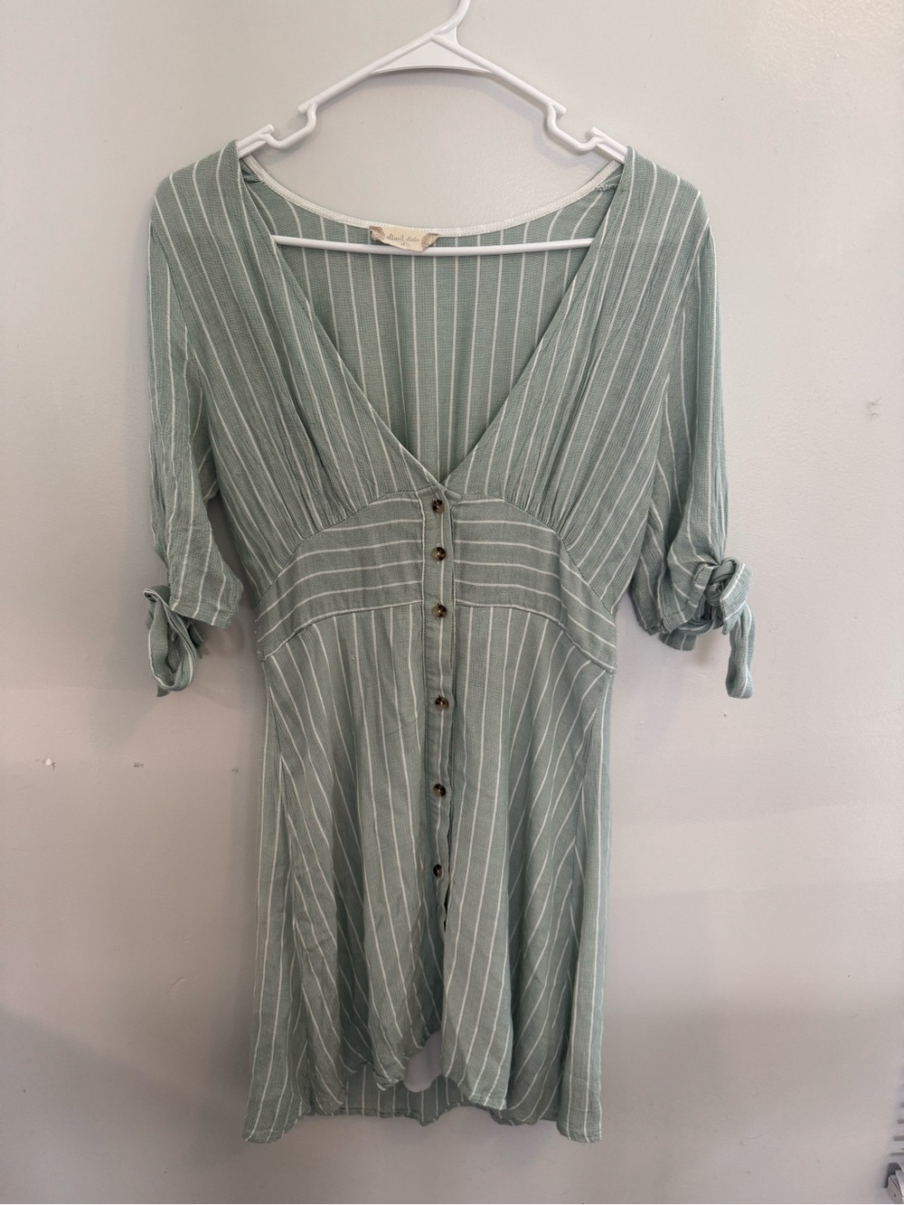 Altar'd State Sage Green Striped Tie-Sleeve Button Dress